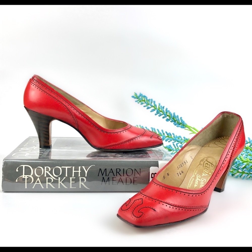 Vintage Red Square Toe Wingtip Heels